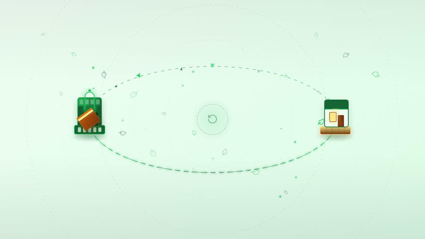 A shopping bag and product box connected by a dashed circular path on green background.