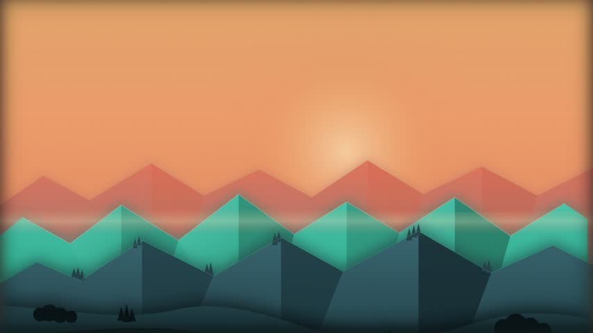 Vector illustration of stylized layered mountains with a rising sun and birds in an orange sky.