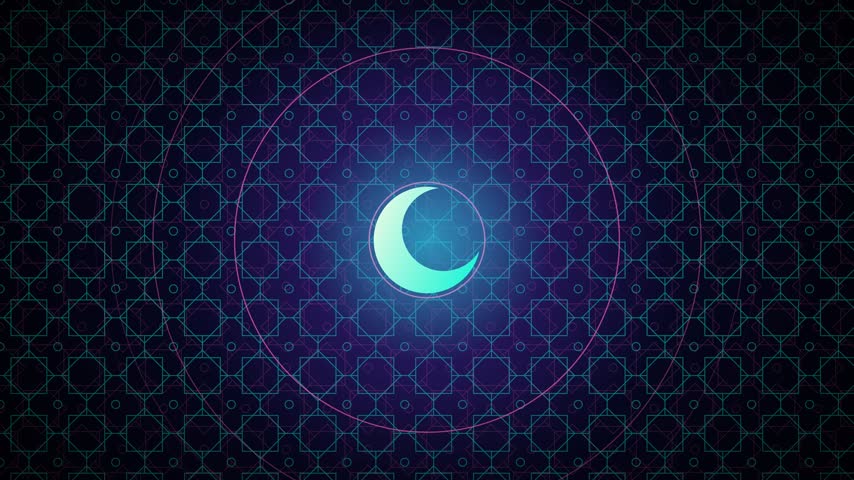 Animated crescent moon glows against a dark background with intricate geometric patterns.
