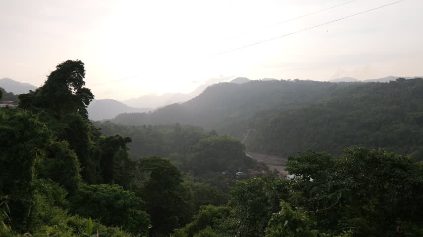 Dense green treetops fill a valley below layered wooded ridges and a pale glowing sky, with fine utility wires overhead.
