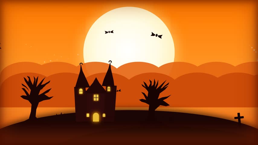 A spooky Halloween illustration featuring a silhouette of a haunted castle, bare trees, and bats flying in front of a giant full moon against a vibrant orange sky.