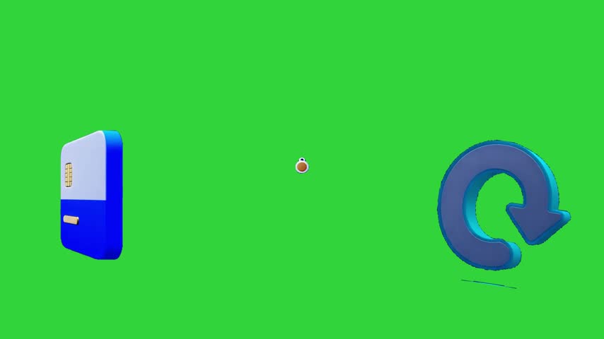 A collection of 3D animated icons including a credit card, a medal award, and a refresh symbol, presented on a green screen for easy compositing in business and marketing projects