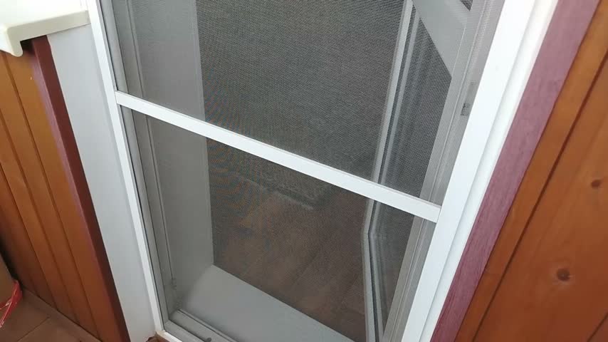 Mesh screen door gradually opens beside a wooden exterior wall, revealing a dim entryway and white interior door in daylight