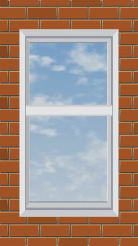 Animated brick wall facade with windows reflecting blue skies and drifting white clouds.