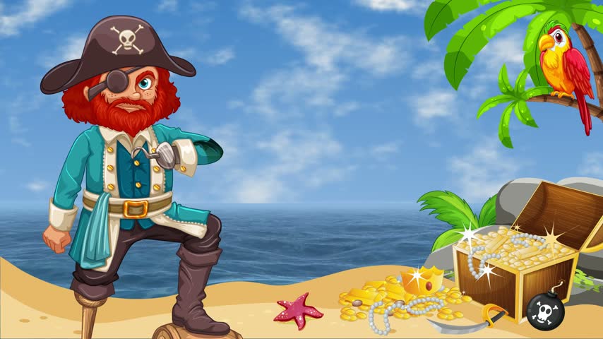 Animated cartoon pirate stands by a glowing treasure chest on a sunny tropical beach.