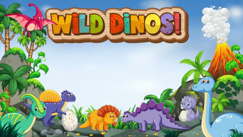 Prehistoric cartoon landscape featuring animated dinosaurs, an active volcano, jungle foliage, and copy space.