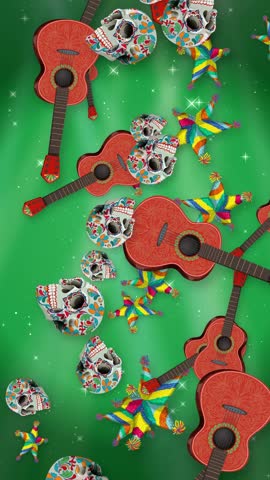Mexican sugar skulls, acoustic guitars, and pinatas fall against a glittering green animated background.