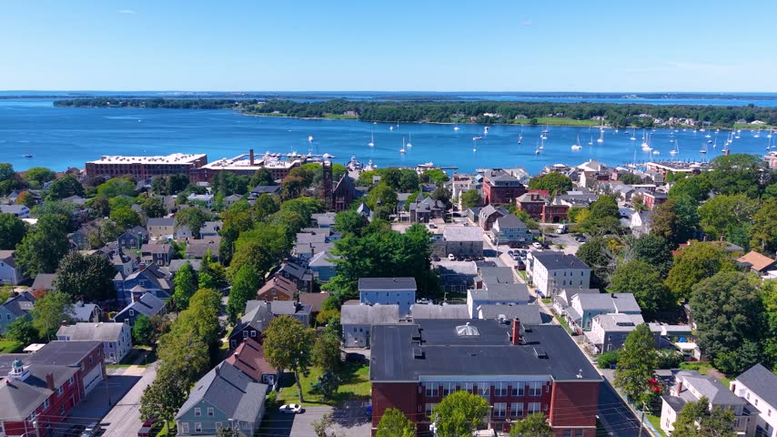 Town of Bristol Marina and Maritime Center aerial view at 127 Thames Street at Bristol Harbor, town of Bristol, Rhode Island RI, USA. 