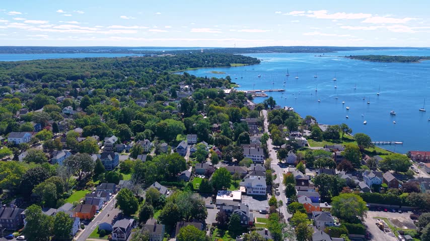 Town of Bristol Marina and Maritime Center aerial view at 127 Thames Street at Bristol Harbor, town of Bristol, Rhode Island RI, USA. 