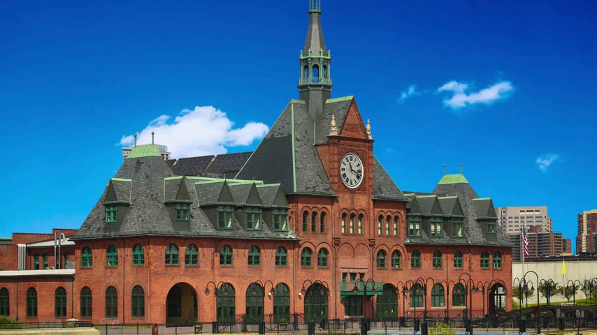 New Jersey, USA View of the Central Railroad Terminal Building in  Jersey, USA Central Railroad of New Jersey located in Liberty State Park in Jersey City across from Manhattan New York City. Historic building of American immigration. departure point for Ellis islandThe Railroad o  also known as Communipaw , was the Building