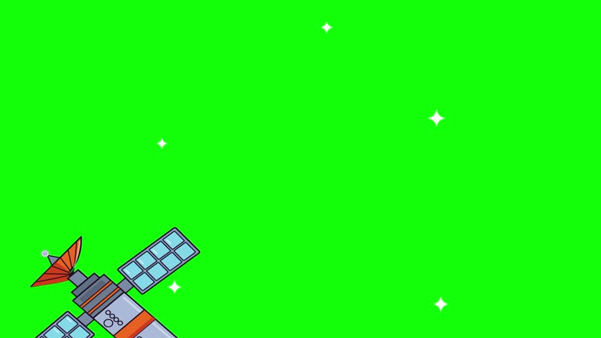 An animated satellite with solar panels and a communication dish orbiting in outer space, presented against a vibrant green screen background for easy chroma key editing. This 2D vector style space illustration features clean lines and smooth rotation, perfect for educational projects, science documentaries, technology presentations, and sci-fi video productions requiring seamless digital compositing and asset integration.