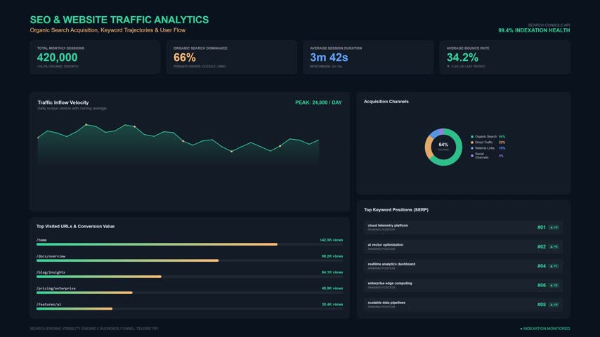 Animated SEO and Website Traffic Analytics on a dark screen showing visitors line, traffic sources donut and keyword rank arrows, futuristic technology concept, seamless loop.