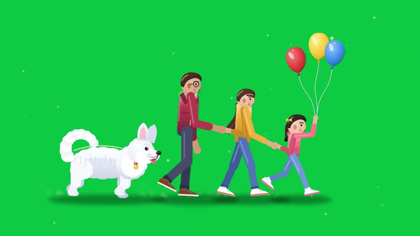 An animated family, including a father, mother, and daughter holding balloons, walks happily with their white dog against a vibrant green background, perfect for compositing.