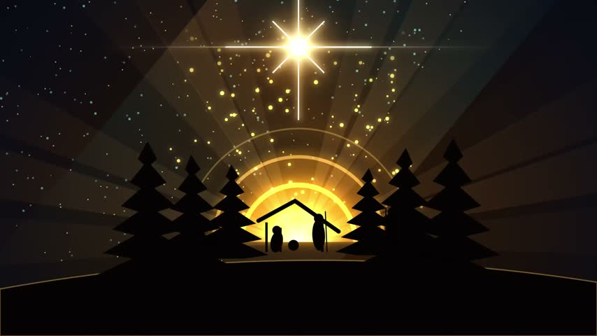 A family is silhouetted in front of a warmly lit house under a bright star at night. The illustration depicts