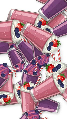 Colorful berry smoothies with whipped cream and fruit burst across a white vertical frame.