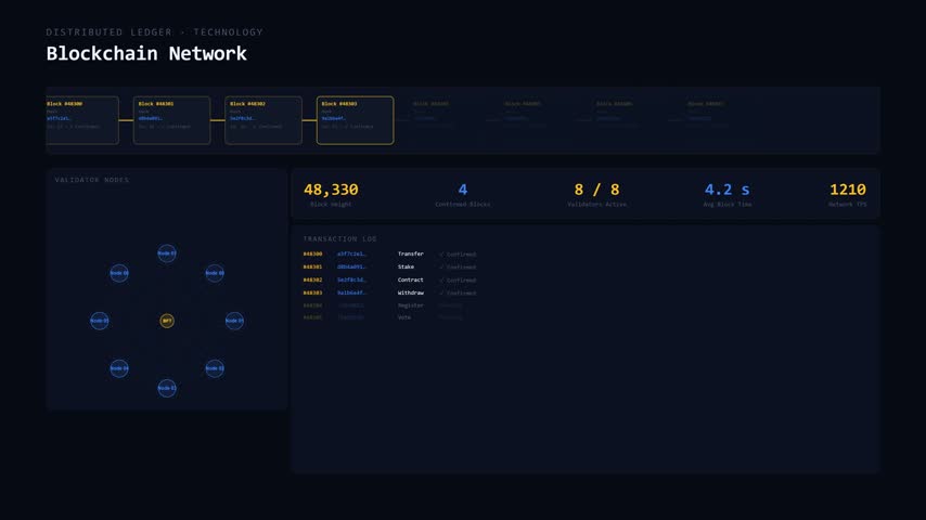 Animated Blockchain Network Nodes on a dark screen showing linked block chain, validator node network and hash strings, futuristic technology concept, seamless loop.