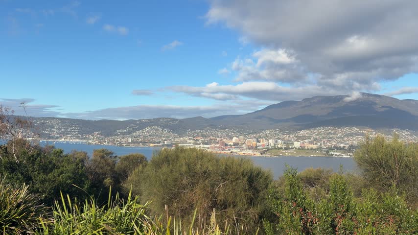 Hobart city and Tasman Bridge with kunanyi from an eastern shore lookout.