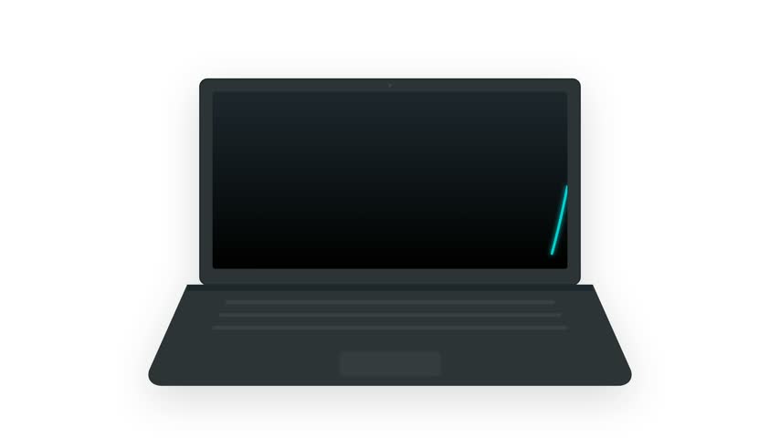 Minimalist flat vector illustration of dark laptop computer displaying glowing cyan neon wave audio signal graph line on white background.