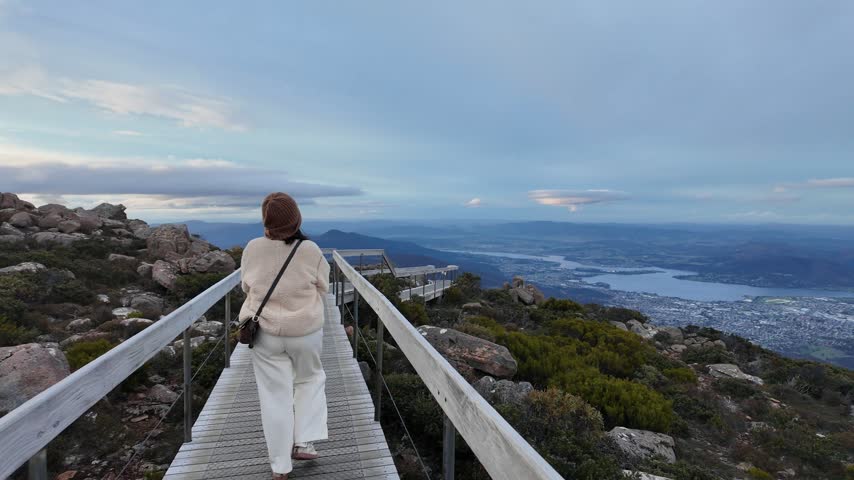 Wide view over Hobart and the Derwent estuary from the summit boardwalk.