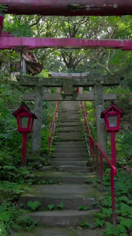 Static vertical shot of a long mossy stone stairway through a stone torii, lined with red lanterns.