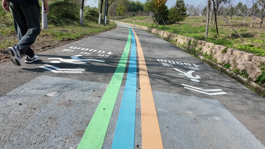 First person point of view walking forward on a colorful rubber running track with lane markings and tree shadows in a park, Beijing China