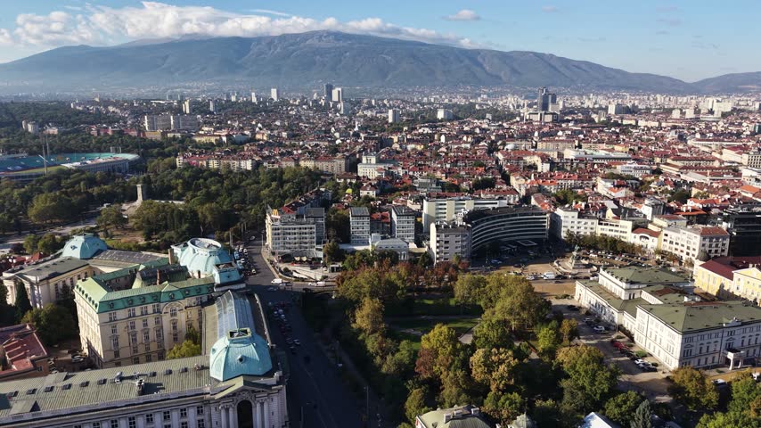 Aerial view of Sofia cityscape and Vitosha mountain, Bulgaria