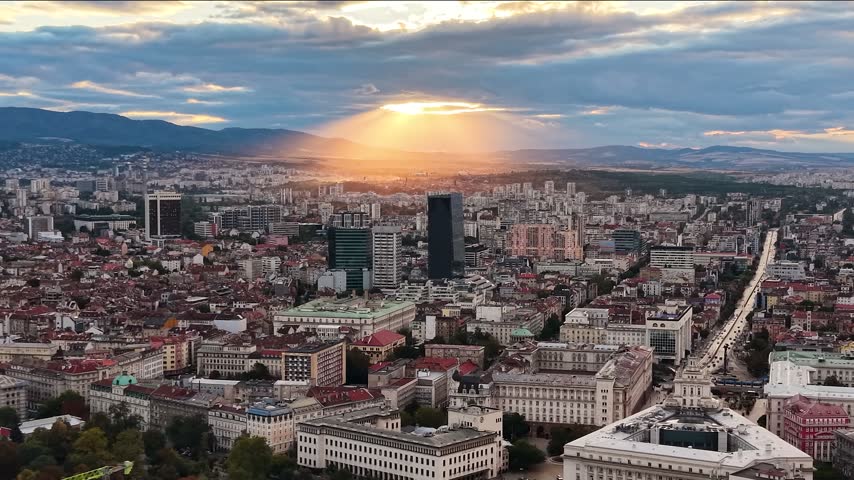 Aerial view of Sofia cityscape skyline at sunset, Bulgaria