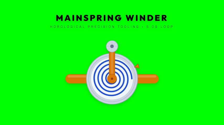 A design of a brass and stainless steel mainspring winder coiling a blue tempered steel spring. The mechanism features a knurled hand crank and smooth mechanical rotation.