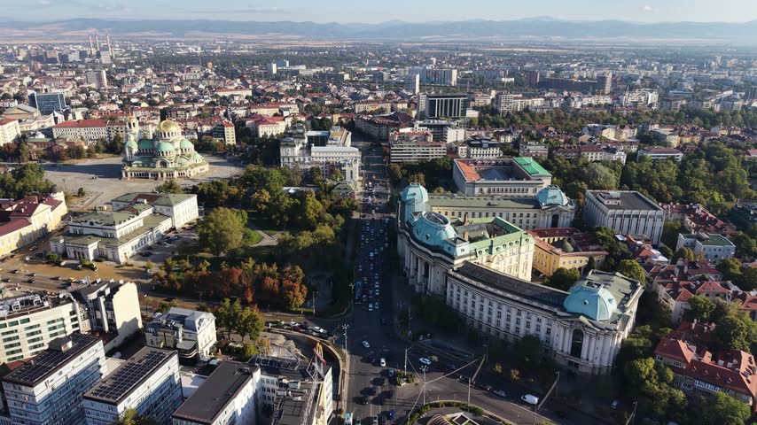 Flight over landmarks in Sofia city center, Bulgaria