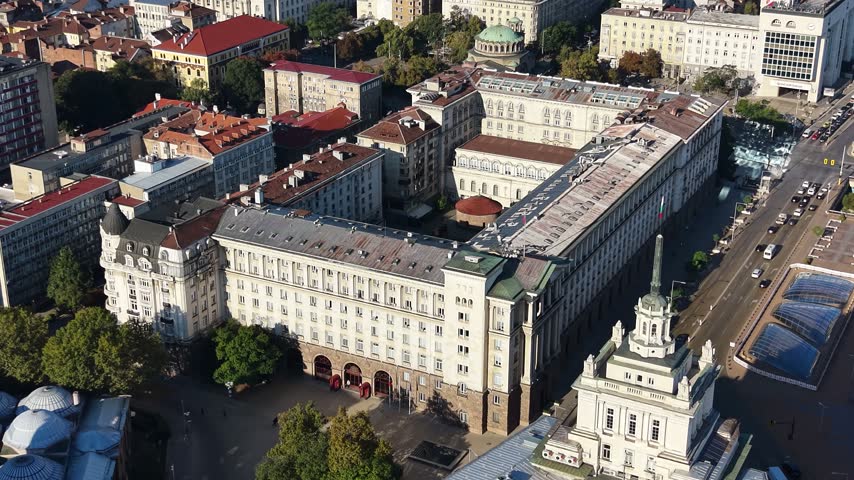 Aerial view of Largo Complex and Presidential Palace in Sofia city, Bulgaria