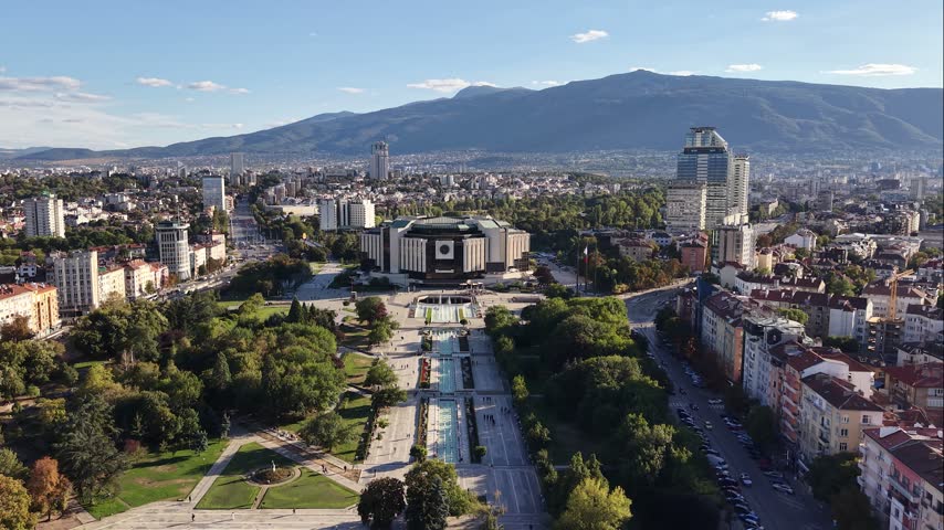 Aerial view of National Palace of Culture (NDK) in Sofia city, Bulgaria