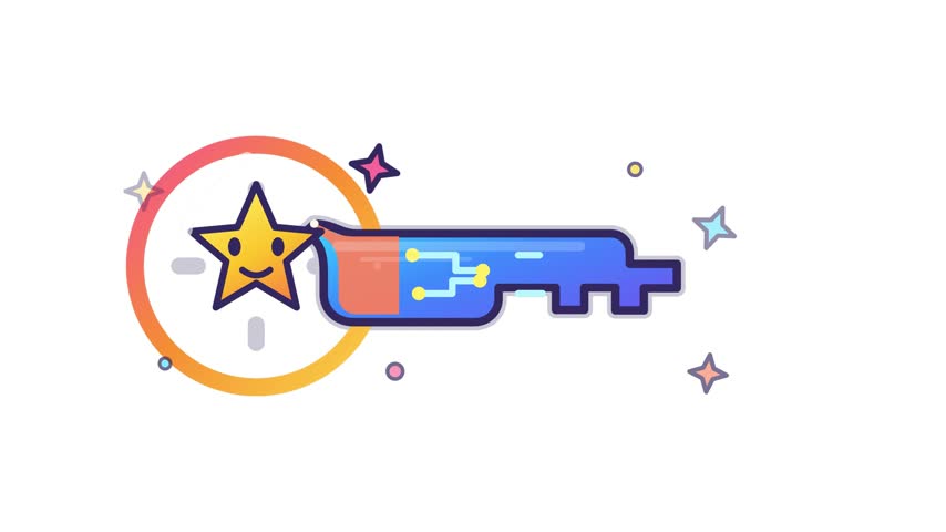 Whimsical cartoon key featuring a smiling yellow star, colorful gradients, and sparkling decorative elements, symbolizing magic, discovery, access, imagination, and playful fantasy design.