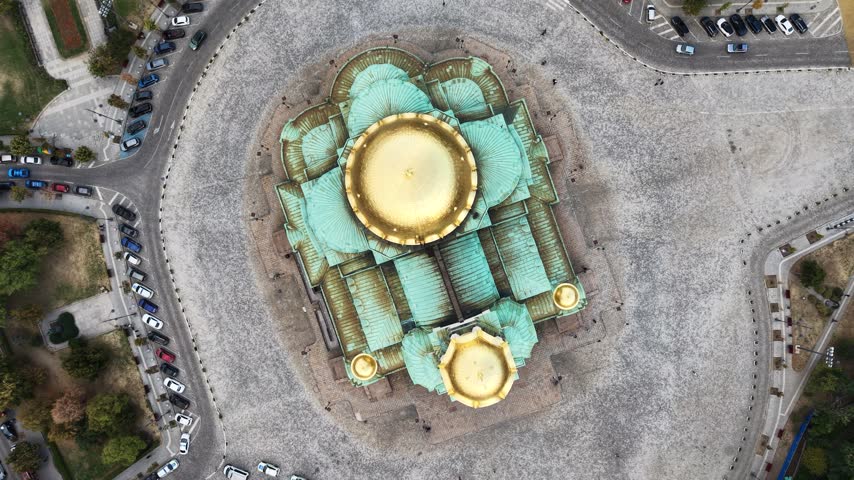 Top-down drone view of St Alexander Nevsky Cathedral in Sofia city, Bulgaria