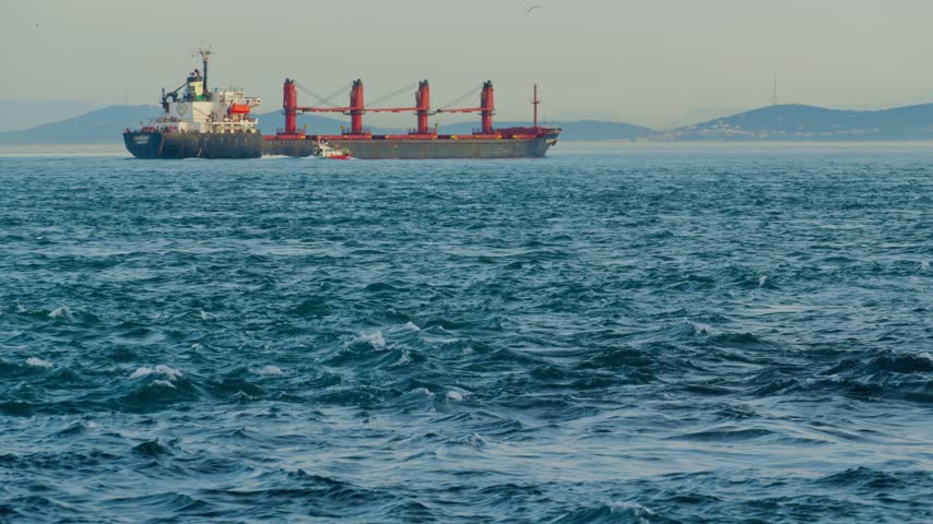 Large cargo ship sailing on the Bosphorus sea in Istanbul with city coastline in background