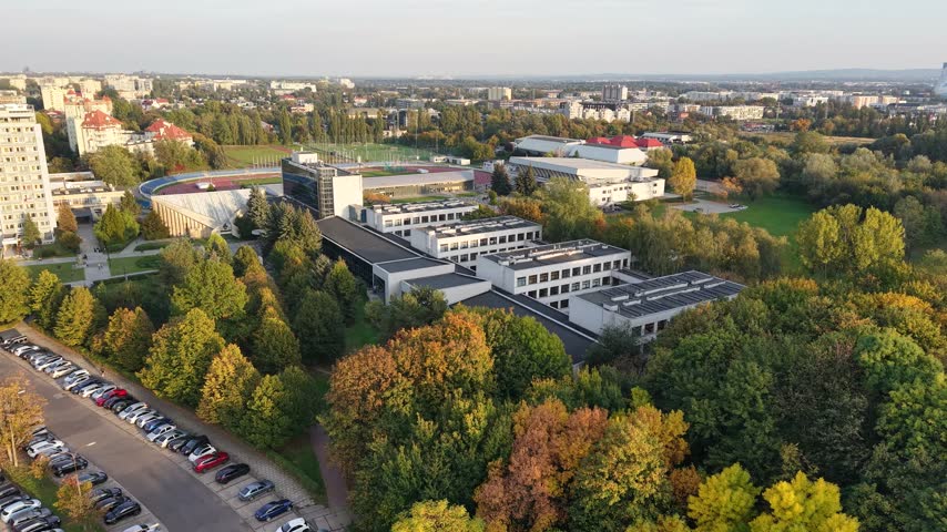 Aerial view of AWF university campus buildings in Krakow city, Poland