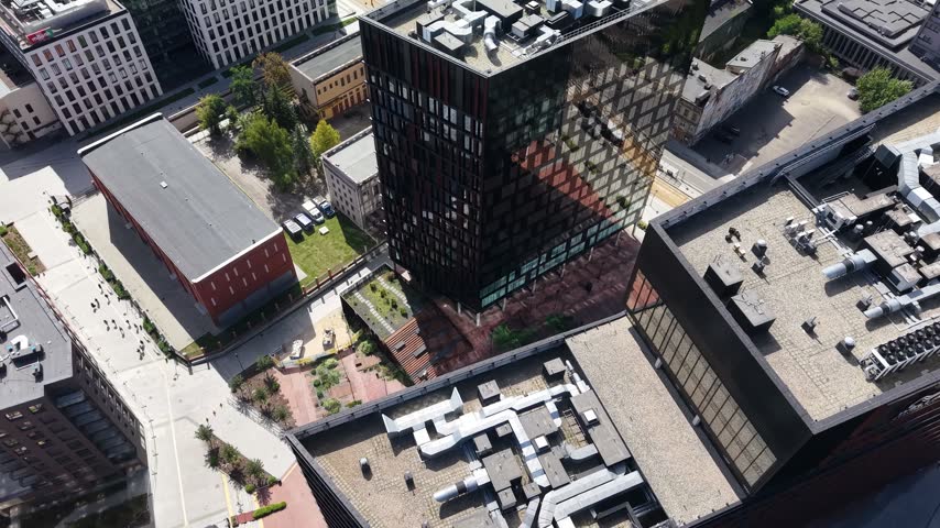 Aerial view of Brama Miasta (City Gate) office complex in Lodz city, Poland