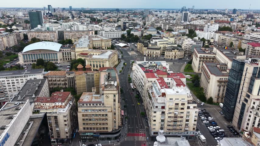Aerial view of Calea Victoriei avenue cityscape in Bucharest city, Romania