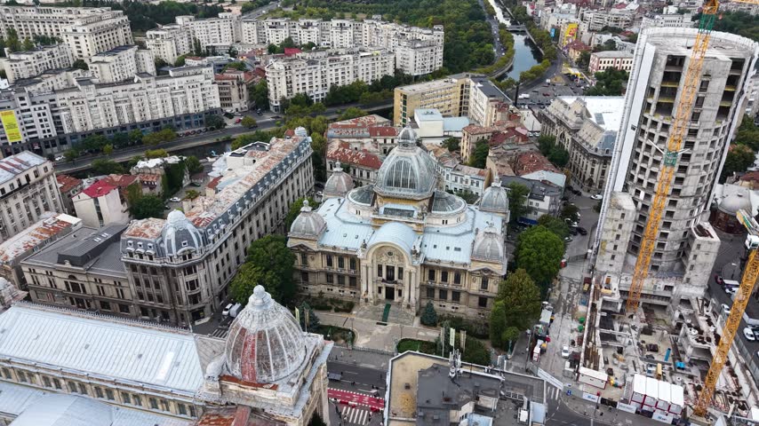 Drone view of CEC Palace in Bucharest Old Town, Romania
