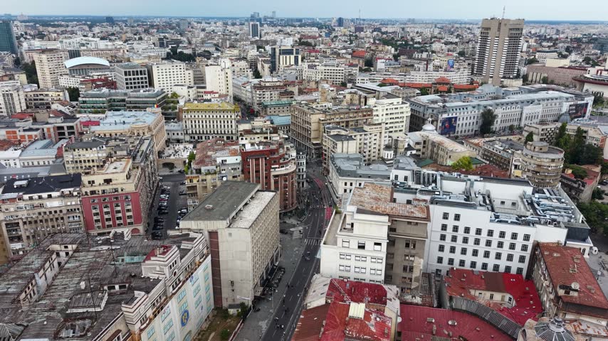 Aerial shot of historic city center architecture in Bucharest, Romania