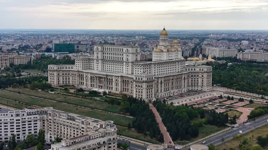 Aerial view of Palace of the Parliament building in Bucharest, Romania