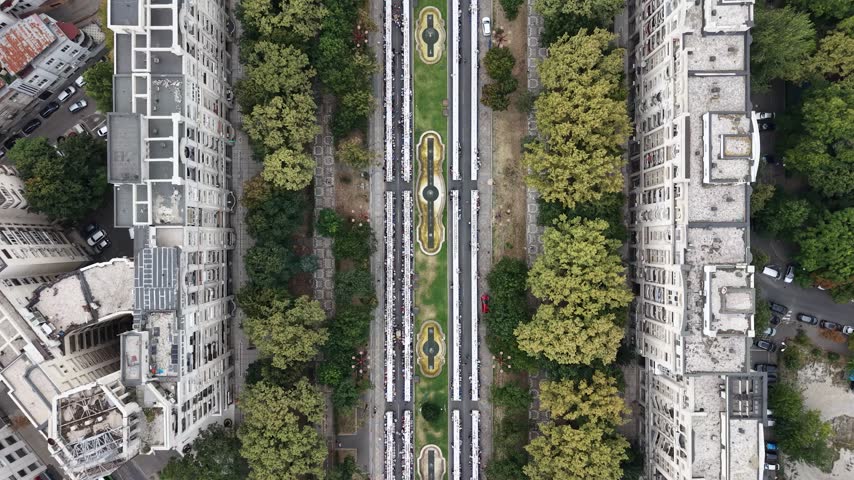 Top-down aerial view of Unirii Boulevard in Bucharest city, Romania
