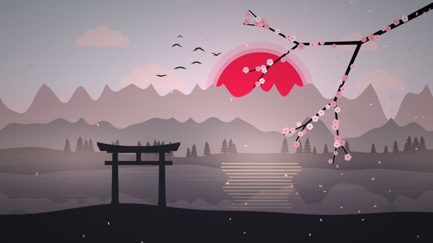A tranquil sakura‑colored lake at dawn shrouded in gentle fog, featuring a torii gate, flying birds, and delicate cherry blossoms, rendered in silhouette style, seamless loop