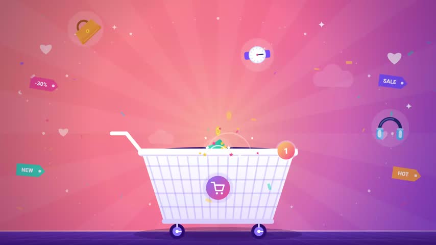 Colorful flat vector animation of an online shopping cart surrounded by floating products and digital shopping icons on a pink background. Ideal for e-commerce websites, retail advertising, online store promotions, shopping applications, and digital marketing campaigns.