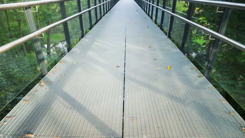 Walking on elevated steel footbridge above green park