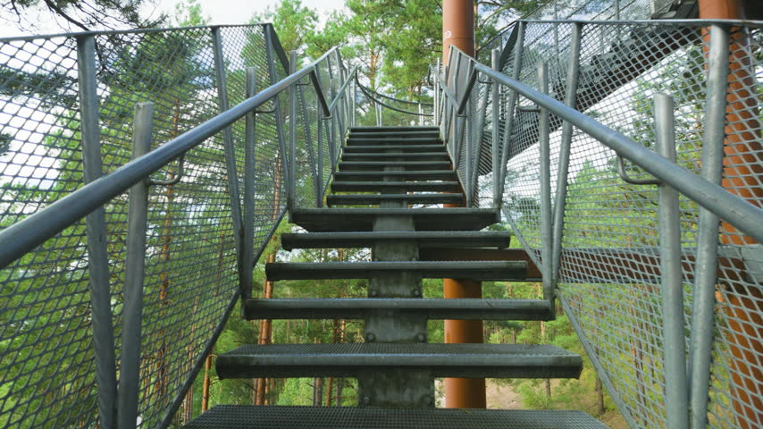 Climbing metal staircase of forest observation tower