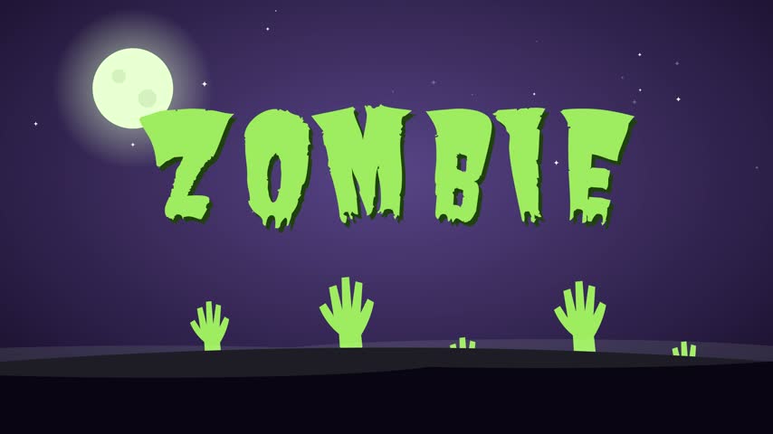 A spooky zombie title animation plays under a glowing moon in a purple night sky. Green hands rise from the ground, creating a creepy horror mood in cinematic video footage.
