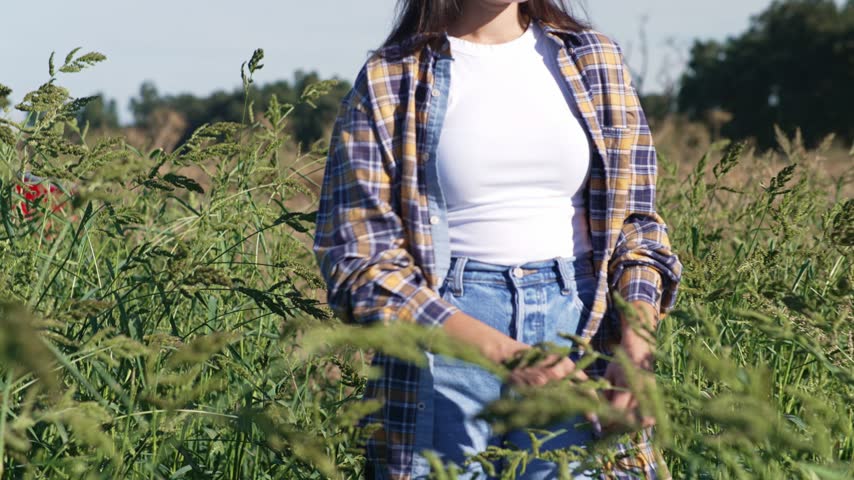 Young woman wearing a straw hat walks through tall green grass on a farm, looking down at wild plants while moving through an overgrown field on a sunny day