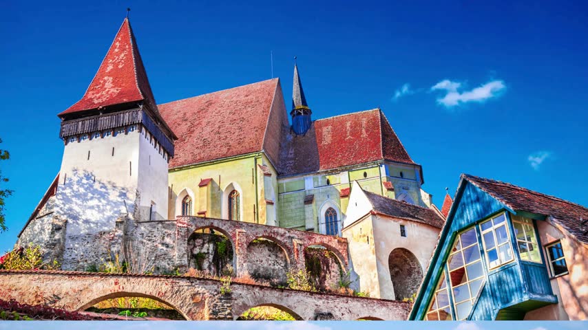 Beautiful medieval architecture of Biertan fortified Saxon church in Romania protected by Unesco World Heritage Site. Amazing sunset in Biertan.Transylvania, Sibiu,  Romania, Europe. Amazing protected by Unesco World Heritage Site.  Location:  Sibiu county, n of , in the municipality of Biertan. There is The Fortified Church of in the town.Amazing morning view of Hunyad Castle or Corvin