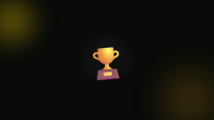 Minimalist flat vector illustration of a golden trophy cup award on dark background with yellow light spots for victory concept.