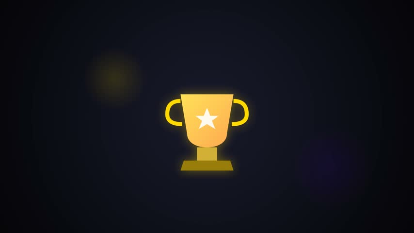Minimalist flat vector illustration of glowing golden trophy cup with star icon and sparkling particles on dark background for winner concept.